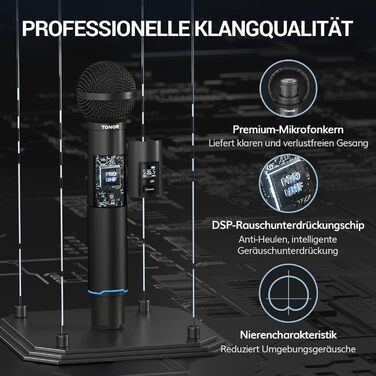 TONOR TW750 Бездротовий мікрофон UHF з регулюванням, 2 шт., 100м радіус дії, світлодіодний індикатор, автосканування, для караоке, церкви, вечірок