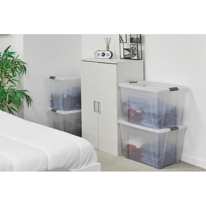 Iris Ohyama Storage Boxes with Lids, 60L, Set of 4, Silver, Secure Closure, Stackable, Handles, for Bedroom, Closet, Office, Organization, BPA-Free Plastic, Storage Boxes, NTB-60