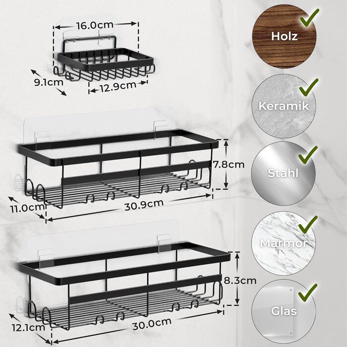 Настінна поличка для душу без свердління - тримач для шампуню та аксесуарів | Нержавіюча сталь | Набір з 3 поличок | Чорний колір