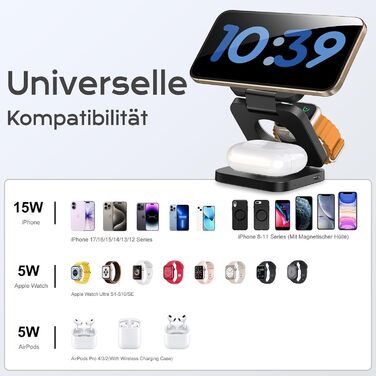 KU XIU Бездротова зарядна станція 3-в-1 MagSafe для iPhone 17/16/15/14/13/12, Apple Watch, AirPods. Складний зарядний пристрій для подорожей, чорний + адаптер