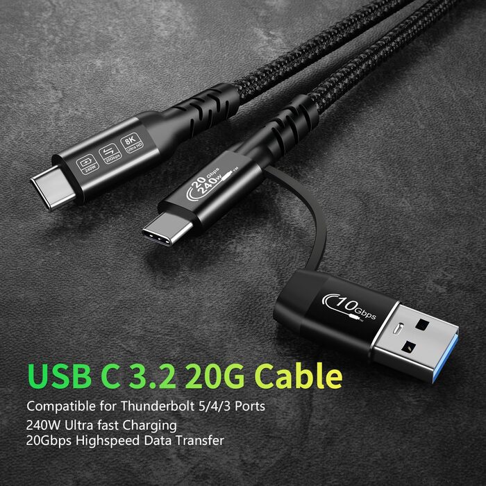 Кабель USB-C 200см: USB 3.2 Gen 2x2, 20 Гбіт/с, 5A/240W, PD3.1, 8K@60Hz, Thunderbolt 3/4, сумісний з MacBook Pro, Samsung