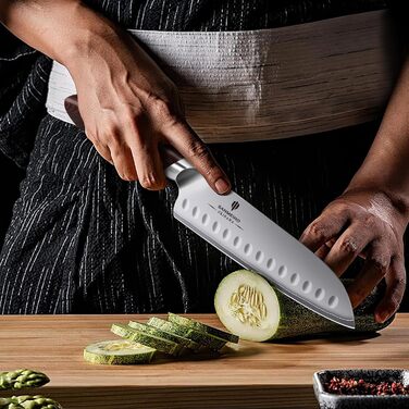 Ніж Santoku SANMEIHO Profi 18 см, японська сталь 10Cr15Mov, кухонний ніж для м'яса, риби та овочів з дерев'яною ручкою Пака