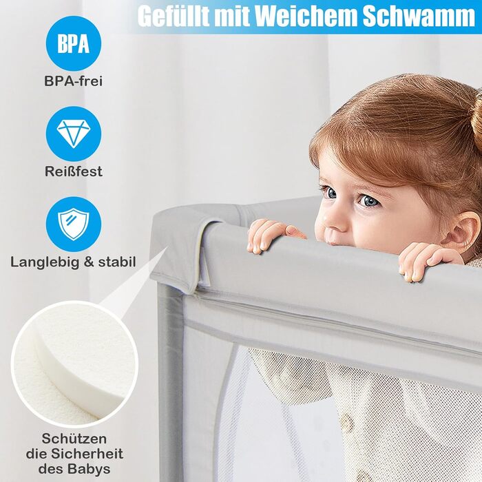 COSTWAY 205 x 147cm Playpen Baby foldable, Playard with 50 balls, 2 doors, side pocket, breathable mesh & zipper, playpen tent for infants & toddlers (Gray-Penguins) Gray-Penguins Without mattress
