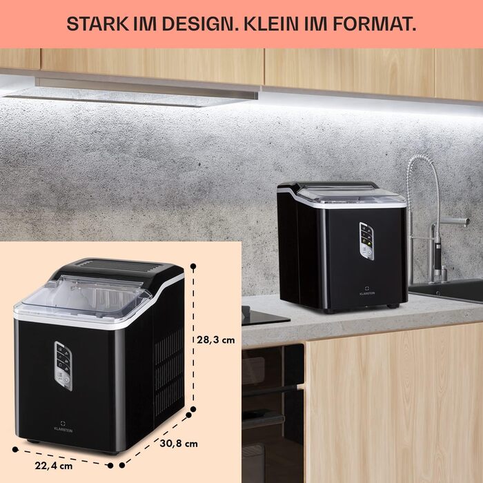 Klarstein Ice Cube Machine Small, Fast Ice Cube Maker, Self-Cleaning Ice Cube Maker, Ice Cube Device for Large and Small Ice Cubes, with Ice Cube Container, 12kg/24h, Capacity 1.5 L