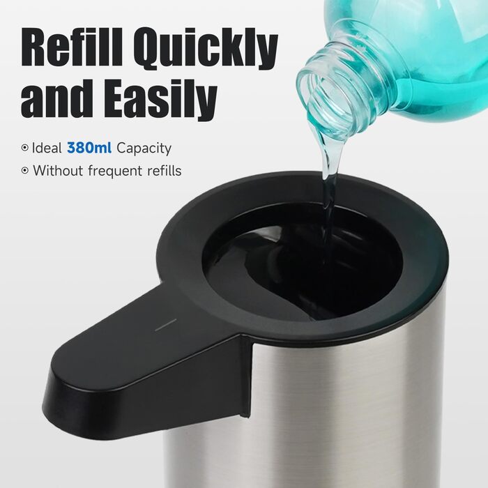 AIKE 380ml Automatic Touchless Soap Dispenser, USB Rechargeable, Stainless Steel Soap Dispenser for Bathroom & Kitchen, Model AK1333S