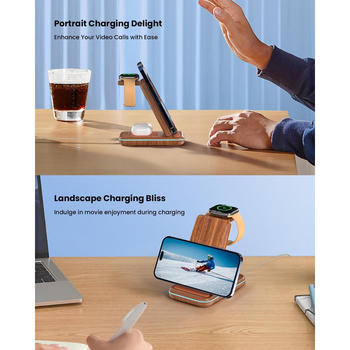 Бездротовий зарядний пристрій JoyGeek 3-в-1 для iPhone, Apple Watch, AirPods (з текстурою дерева)