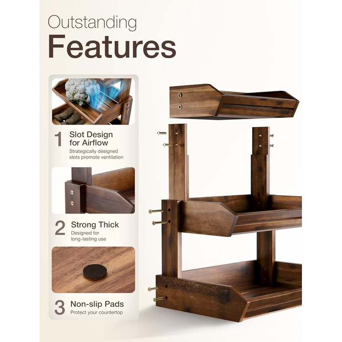 Двоярусна фруктова корзина HOLANA з дерева для стільниці – органайзер для фруктів, овочів та закусок (горіх)