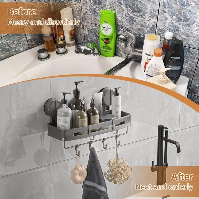 Поличка для душу на присоску без свердління, органайзер для ванної кімнати з алюмінію, сірого кольору, 20 кг, для ванної та кухні