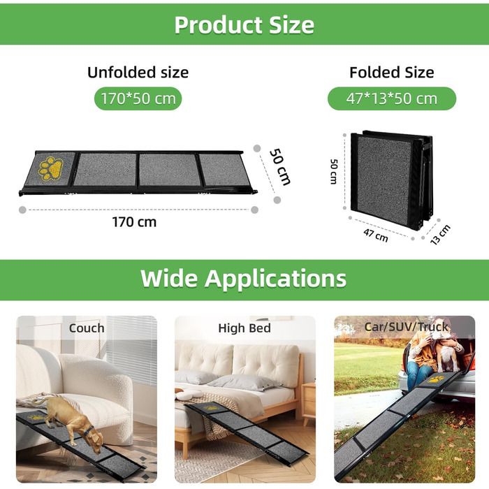 Рампа для собак у машину, розкладна, 170 см, з антиковзким покриттям, для маленьких, середніх та великих собак. Підходить для авто, SUV, вантажівки, дивану та ліжка.