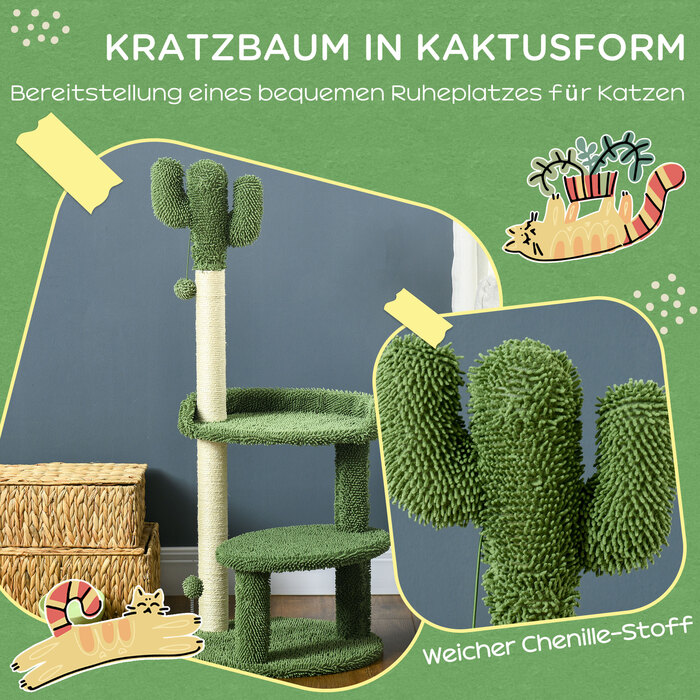PawHut Дряпак для котів, дизайн кактуса Φ 49 x 111 см з 2 ярусами та іграшковою кулькою, стійкий котячий комплекс для кошенят зеленого кольору