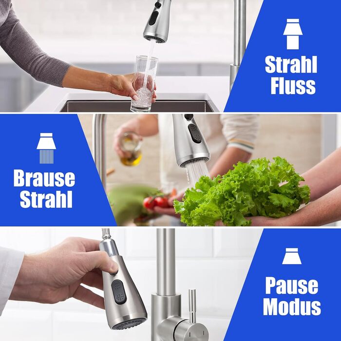 Крановий змішувач для кухні з висувною лійкою, високий поворотний кран з одним важелем, нержавіюча сталева кухонна мийка з шлангами