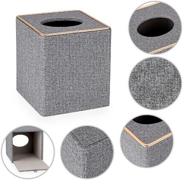 BTSKY Square Tissue Box Cover in Linen with Decorative Gold Line – Cube-Shaped Tissue Paper Holder, Tissue Storage, Organizer, Tissue Box Dispenser, Serviette Box, Gray