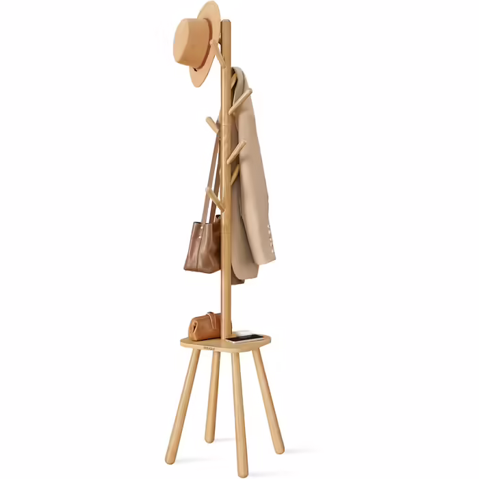 VASAGLE Coat Rack, Clothes Rack with 8 Hooks and Shelf, 170.5 cm Height for Coats, Hats, Bags, Entryway, Hallway, Bedroom, Natural Beige RCR033N01