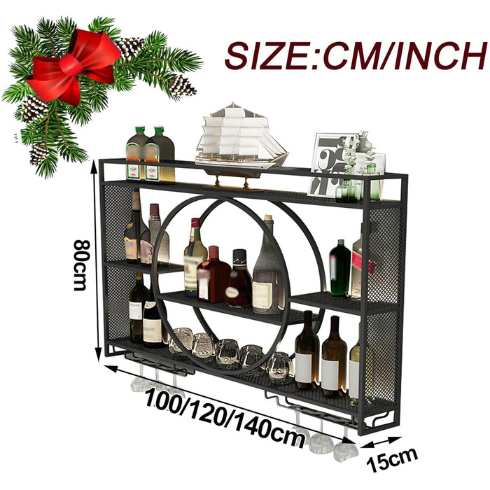 Стильна підвісна вітрина для вина на стіну, металева, велика місткість, для кухні, вітальні, бару (47.2 x 5.9 x 31.4 дюймів, Чорний)