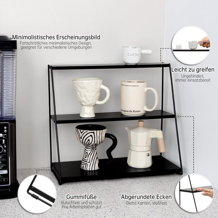 PUERSI Coffee Mug Holder, Coffee Mug Shelf for Countertop, Cup Stand Metal, 3-Tier Cup Holder for Coffee Bar, Coffee Station Accessories, Cup Organizer for Kitchen, Counter, Cafe - Black