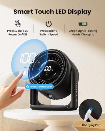 Настільний вентилятор Gaiatop з сенсорним керуванням, акумулятор 4000 мАг, 5 швидкостей, тихий міні-вентилятор з LED-дисплеєм, кут нахилу 90°, заряджається через USB-C, для офісу, спальні, дому, чорний