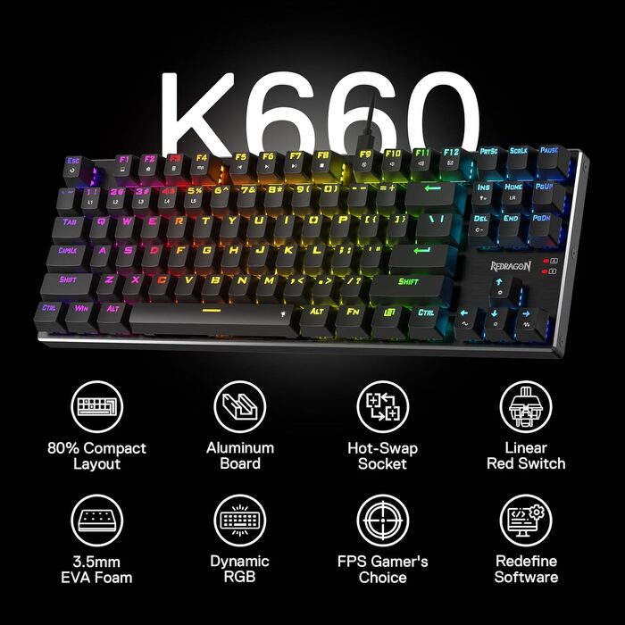 Redragon K660 RGB-механічна клавіатура для геймінгу, TKL, 87 клавіш, з підсвічуванням, підключення через кабель, алюмінієва база, тихі червоні перемикачі