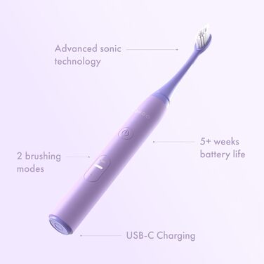 Електрична зубна щітка Ordo Sonic Lite з 35 000 імпульсів/хв, для дорослих, 2 режими, акумулятор до 5 тижнів, таймер, водонепроникна, USB-C, лаванда