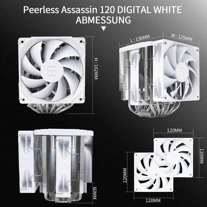 Кулер для процесора Thermalright Peerless Assassin 120 Digital ARGB White — двовежевий повітряний охолоджувач з цифровим дисплеєм, для AM4/AM5, LGA1851/1700/1200/115X