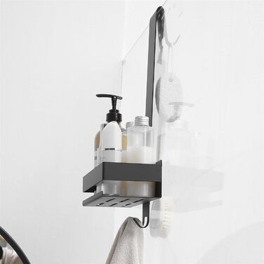 Kelelife Shower Shelf for Hanging, Shower Shelf No Drilling, Stainless Steel Shower Shelf with Hooks for Frameless Glass Door, Shampoo Holder for Shower (Black)