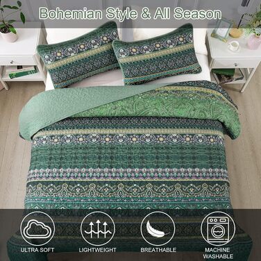WONGS BEDDING Bedspread 220x240 Bed Throw Bohemian Quilt Steppdecke 3-Piece Double Bed Quilted Bedspread Microfiber Throw Blanket with 2 Pillowcases 50x70 for Bedroom as Sofa Throw (Bohemian) (200x220 cm, Dark Green)