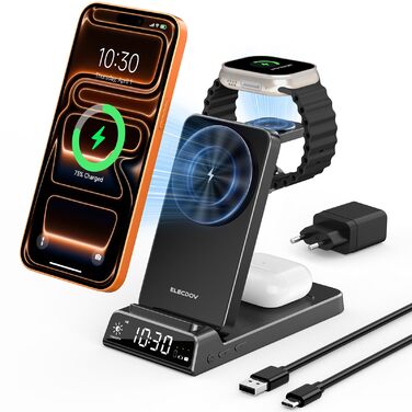 MagSafe Зарядний пристрій 3-в-1 для Apple Watch та iPhone (17 Pro Max/16/15), Бездротовий зарядний пристрій для Apple Watch (10-4) та AirPods, 25W, Чорний