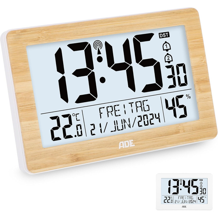 Digital XL Radio Clock with Very Large Digits | Alarm Clock with 2 Alarm Times and Backlight | Thermometer Hygrometer | Slim Frame Made of Real Bamboo