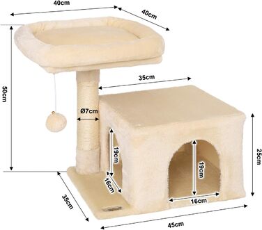 Cat scratching post with a cozy lying area & cave, height 50 cm, cat tree with plush ball incl. bell, sisal rope & soft plush, suitable for small & large cats, beige