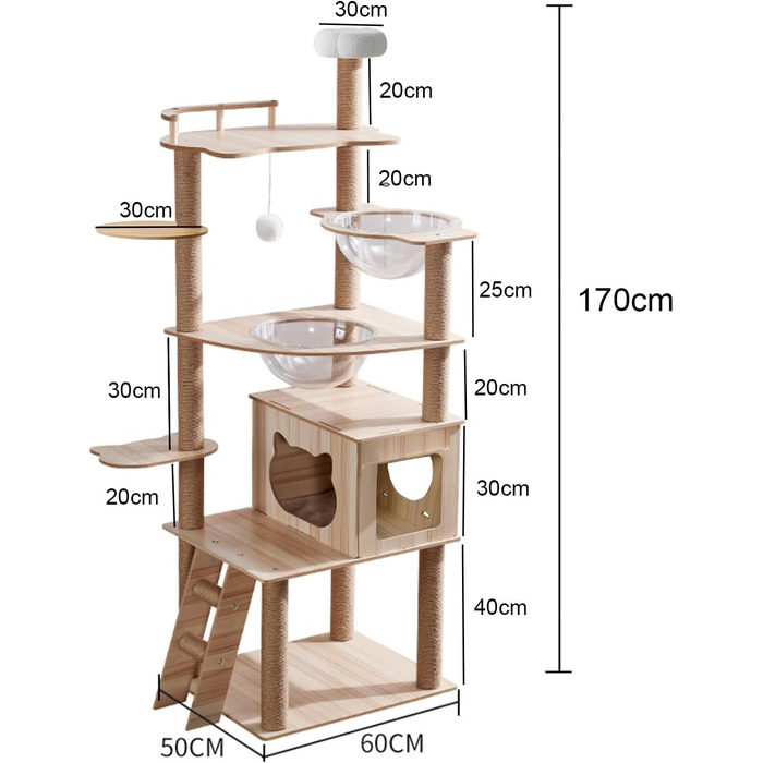 Кігтеточка для котів Katzenbaum 170 см з 2 будиночками, драбиною, іграшками та платформ з джуту (макс. вага 30 кг)