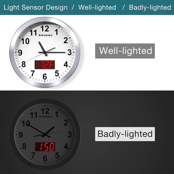 KWANWA Modern Wall Clock with No Ticking Sound • Digital LCD/LED Display • Calendar & Temperature • Battery Powered • 30.5cm • 12h Format, Perfect for Kitchen, Bedroom & Office (Silver Case, Red LED)