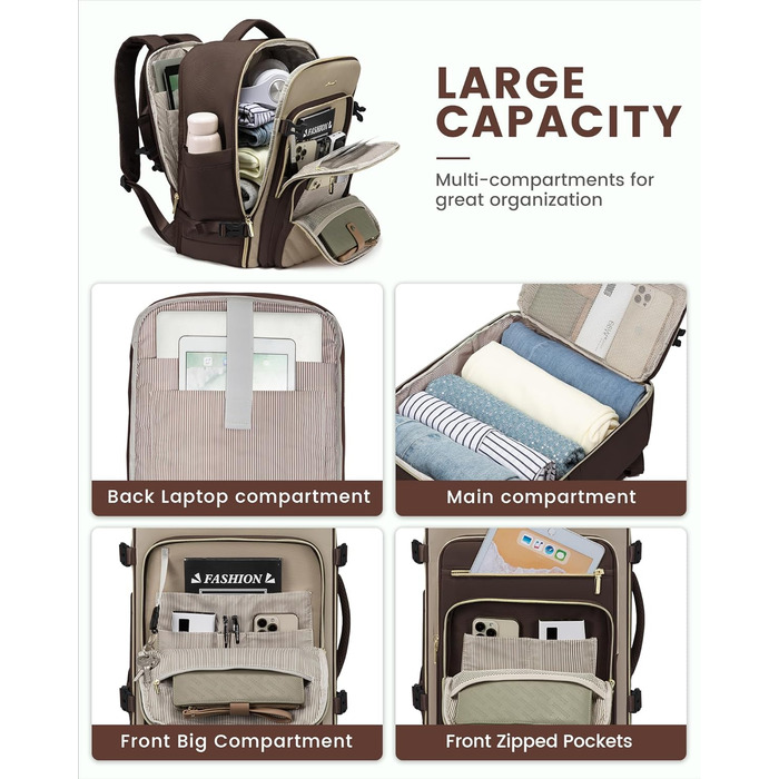 LOVEVOOK Рюкзак для ручної поклажі, 40L, рюкзак для жінок, водонепроникний, відділення для ноутбука 17 дюймів, для подорожей, роботи, хайкінгу, оливково-зелений/бежевий