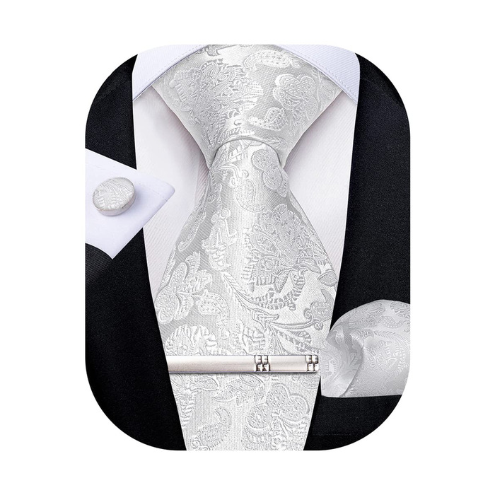 Краватка чоловіча шовкова з візерунком павліочиків та квітів DiBanGu, комплект з нагрудною хустиною, краваттями-манжетами та краваттями-зажимами для весілля та ділових зустрічей, білий