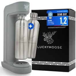 Luckymoose Infinity: Газована вода з 2 пляшками з нержавіючої сталі 1.25л - Економний апарат для газування води, сумісний з CO₂ балонами 60л (Сірий - 2x Срібло)