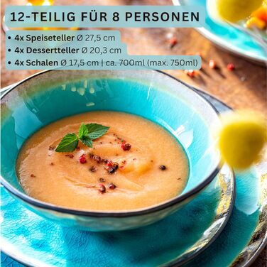 SÄNGER | Capri Dinnerware Set, 12-Piece, Plate Set for 4 People, Stoneware Dinnerware including Dinner Plates, Dessert Plates & Deep Plates, Turquoise Blue Tableware Set with Grey Rim | PREMIUM COLLECTION 12-Piece Dinnerware Set
