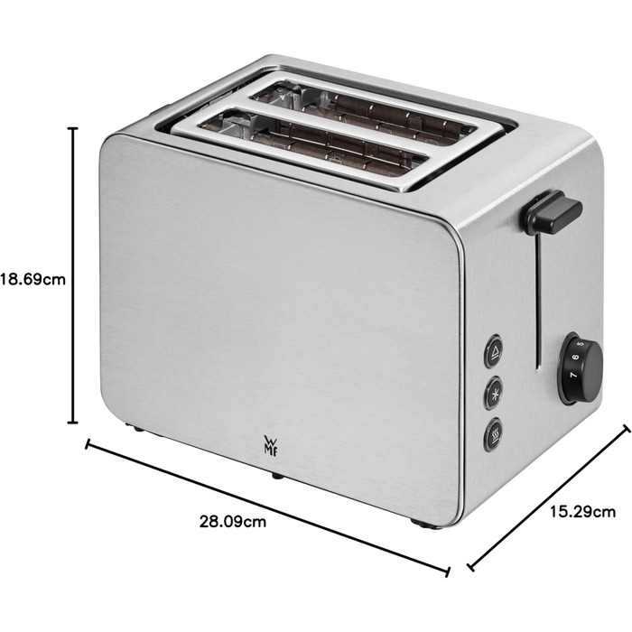 WMF Stelio 2-Slice Stainless Steel Toaster, Double-Slot Toaster with Bread Roll Attachment, Bagel Function, 7 Browning Levels, 900 W, Matte Stainless Steel Toaster