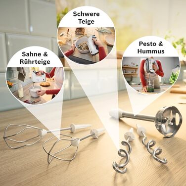 Ручний міксер Bosch ErgoMixx MFQ37470 з блендером, чашею та гаками для тіста, нержавіюча сталь, 750 Вт, 5 швидкостей + Turbo, білий/сірий