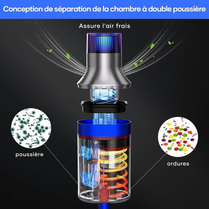 Бездротовий пилосос REBANIC S18 Max з дисплеєм, 600 Вт, 75 хвилин роботи, 58000 Па, об'єм контейнера 2 л, для твердих підлог, килимів, шерсті тварин, блакитний