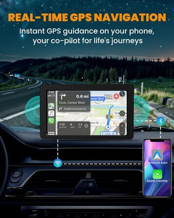 7-дюймовий дисплей CarPlay з GPS, Apple CarPlay, Android Auto, Bluetooth 5.2, FM, дзеркальне відображення, легкий монтаж