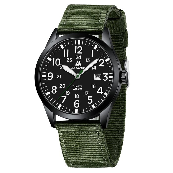 Годинник чоловічий LN LENQIN аналоговий кварцовий на текстильному ремінці, водостійкий 30M, з датою (зелений, чорний)