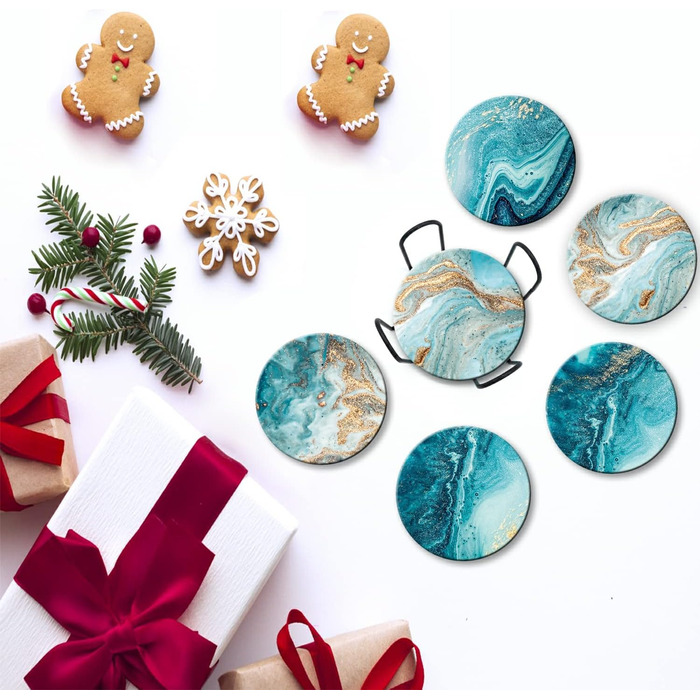 Dooke Coasters for Drinks, round, absorbent ceramic stone coasters with cork base, fun turquoise marble (ocean) drink coasters