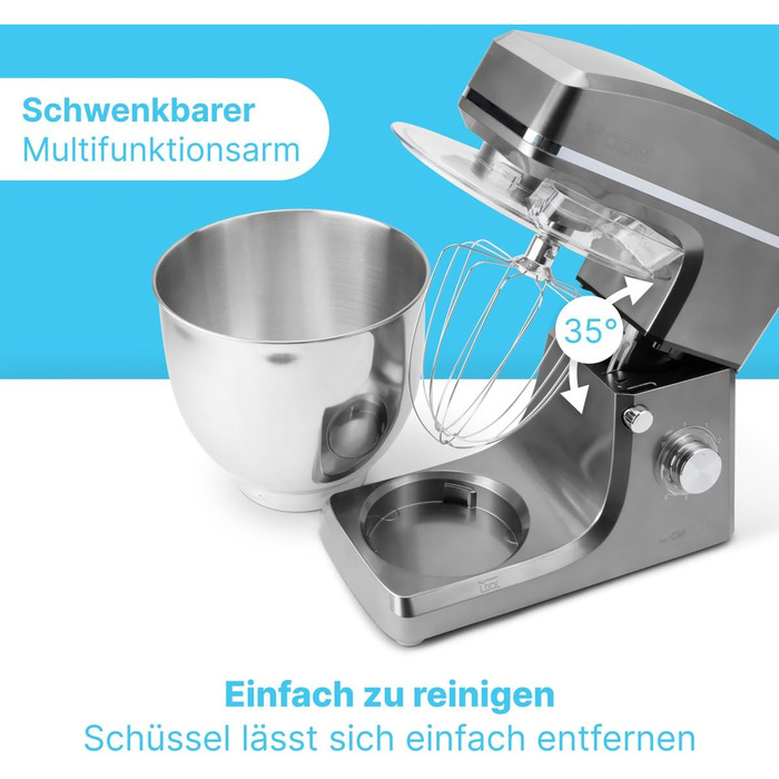 Планетарний міксер Clatronic KM 3765 XXL для випічки, чаша 10л, 1500Вт, тістомішалка з насадками та захистом від бризок (Титан)
