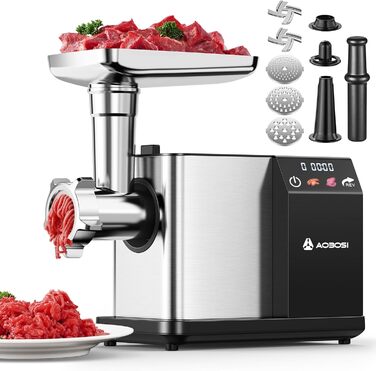 AAOBOSI Electric Meat Grinder - 3000W, LED Display, 3 Speeds, Anti-Clogging, Sausage Maker & Kibbeh Maker - Stainless Steel for Home Use
