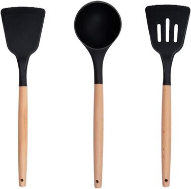 Набір кухонних аксесуарів Alpina 7 предметів з поворотним підставкою – кухонні інструменти, силіконовий набір посуду для приготування їжі (чорний)