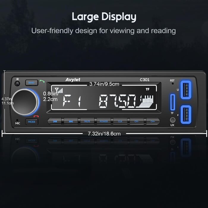 Автомагнітола Bluetooth 5.0 Avylet, 1 DIN, FM, 2 USB, AUX, MP3, 7 кольорів, підтримка карт пам'яті, гучний зв'язок