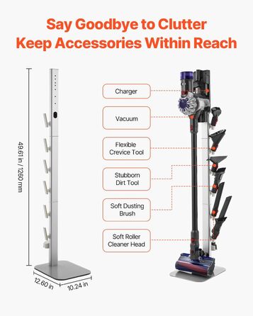 Стійка для пилососа VEVOR 126 см, сумісна з Dyson G5, V15, V12, V11, V10, V8, V7, V6 серії, з аксесуарами, підлогова стійка, кріплення з 6 гачками та антиковзними накладками, сріблястий колір