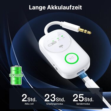 Bluetooth 5.4 адаптер 2-в-1 (передавач та приймач) для навушників, ТВ, ПК та авто, з мікрофоном та роз'ємом 3.5 мм, білий