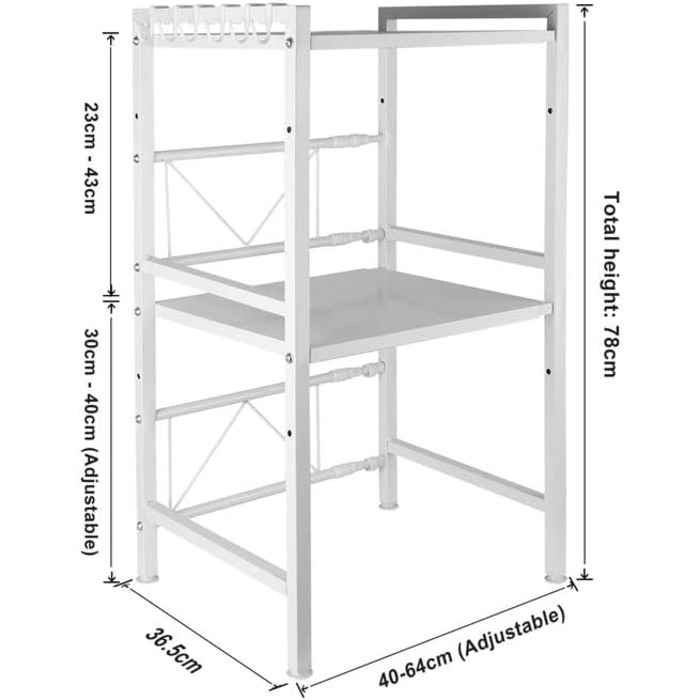 Поличка для мікрохвильової печі, 3 яруси, органайзер з гачками, розширювана, 40-64 см, з вуглецевої сталі, білий