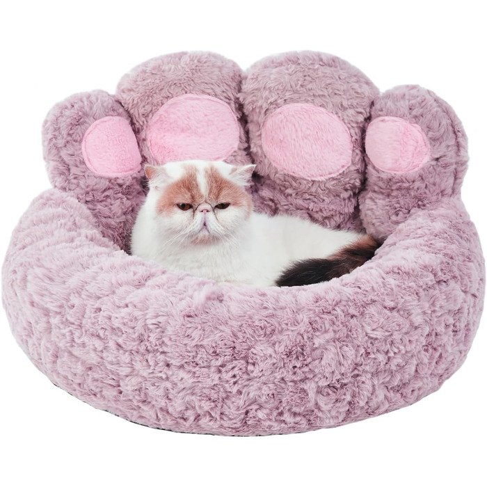 Jiupety Pet Round Dog Bed in Paw Shape, Soothing Donut Dog Bed, Faux Fur Cat Bed, Medium Size. The diameter is 56cm, comfortable and soft, machine washable, (L 56 cm x W 56 cm x H 15 cm, Violet)