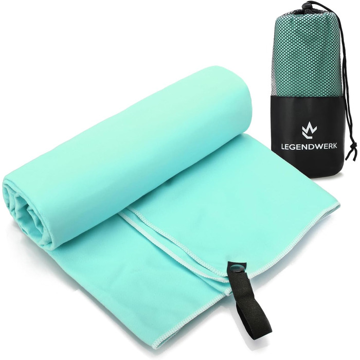 Рушник з мікрофібри Legendwerk® 160x80 см – швидковисихаючий, компактний, для подорожей, фітнесу, міста та відпочинку на природі – легкий, стильний, з сумкою та петлею для підвішування, 1 шт. (Турквіс)