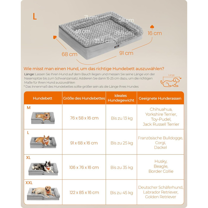 Ортопедичне ліжко для собак Feandrea, середнього розміру, водонепроникне, знімний плюшевий чохол, 91 x 68 x 16 см, Taubengrau PGW252G01 L